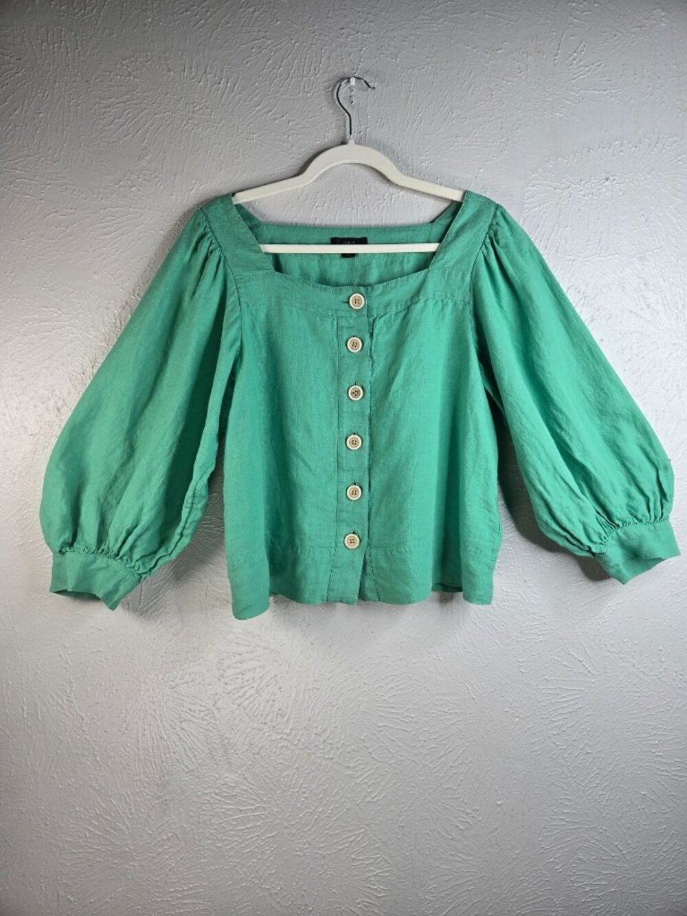 J.Crew 100% Linen Balloon Sleeve Top Green Square Neck Button Shirt Boho Coastal